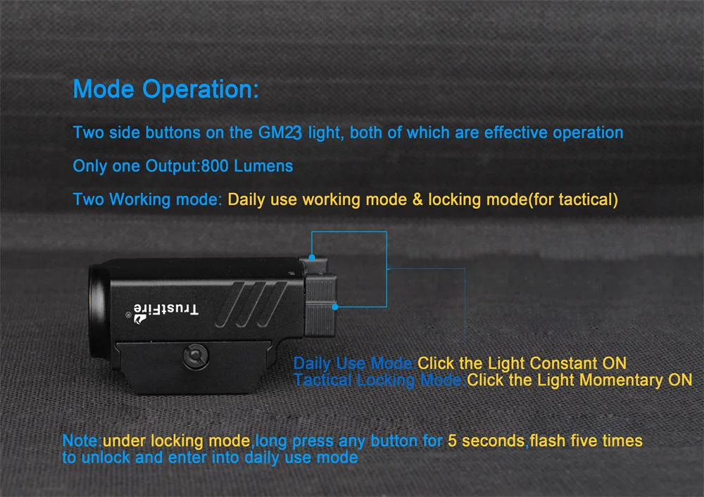 Description Picture 5 of itemTrustFire GM23 Pistol Gun Light 800 Lumens Glock Tactical Weapon Rail Mounted Flashlight Police Handgun USB Rechargeable Torch