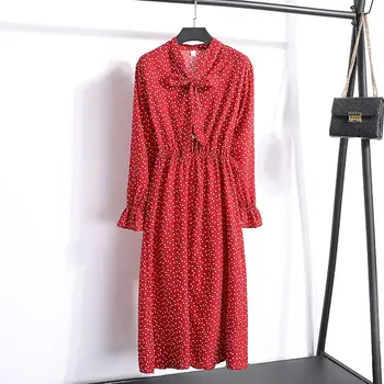 

2019 casual sweet beauty wear bow chiffon V-neck slim long-sleeved floral pleated lace strap elastic waist dress