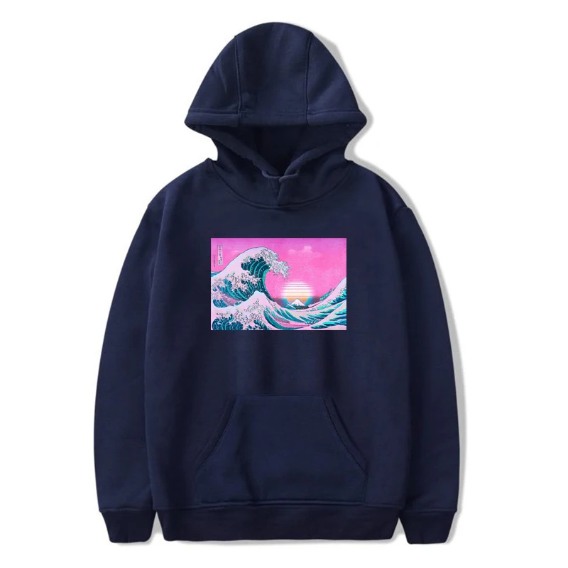 Мужская большая волна от Vaporwave цвет глюк печати толстовки Мужская Хип-Хоп мода унисекс японский Harajuku ретро мужская Толстовка - Цвет: Navy-02