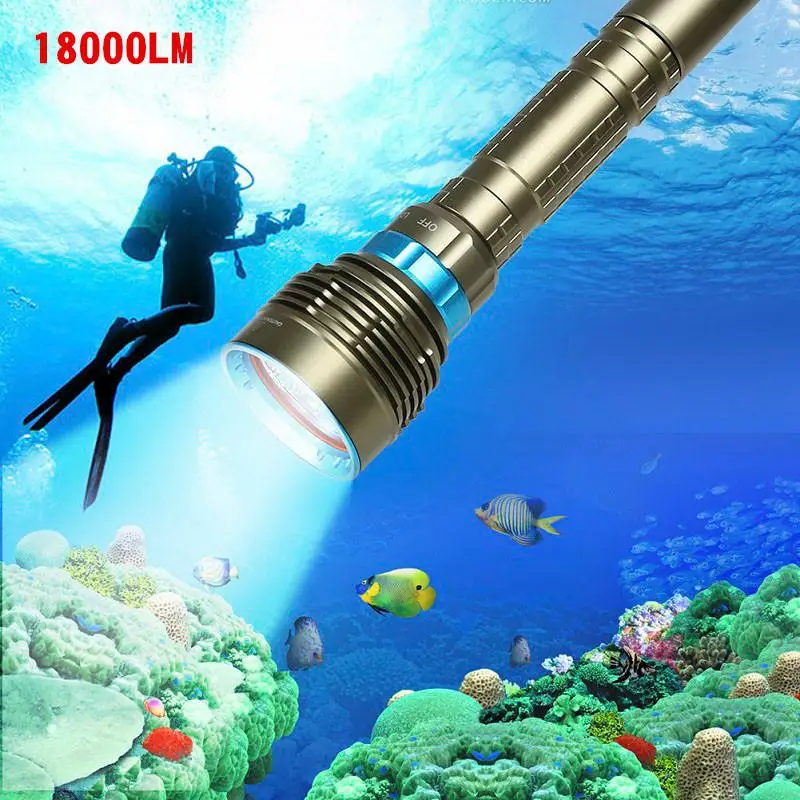 

LED Strong Light Diving Flashlight Torch Waterproof Professional Underwater Tempered Glass 18000LM 7 XML-T6 Light Lamp Beads