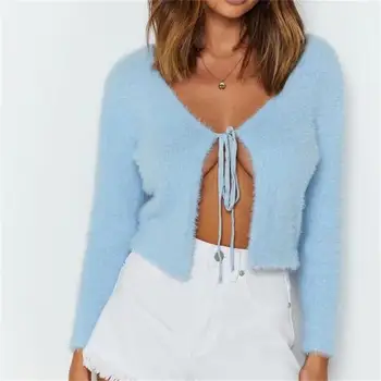 

2020 new v-neck knitted plush lace-up bow high waist cardigan jacket all-match long-sleeved top