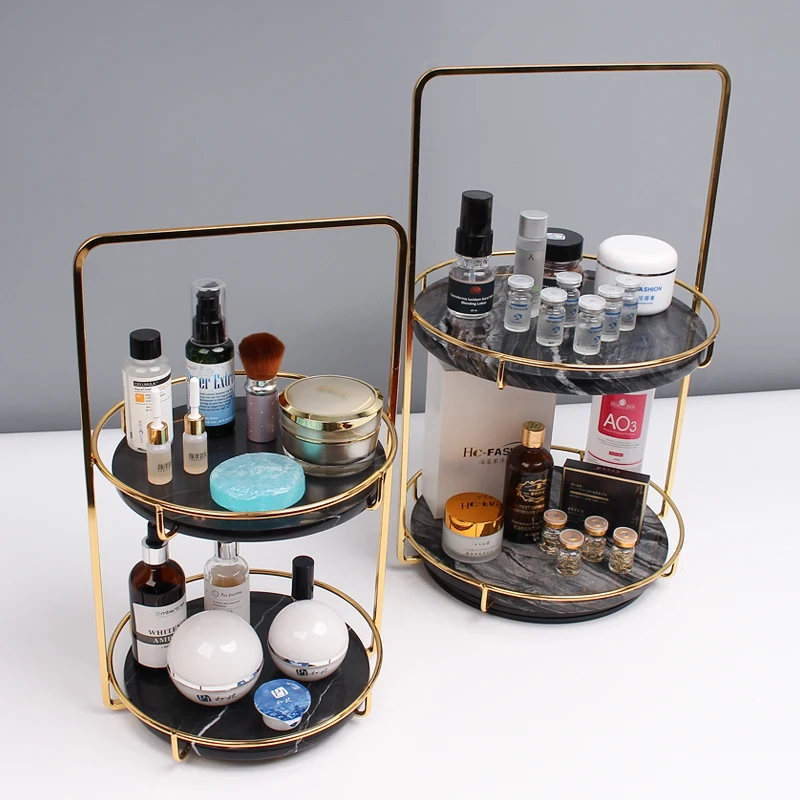 

Golden Stroked Natural Marble Shelf Organizer European Double Layer Cosmetic Skin Care Products Bathroom Accessories Organizer