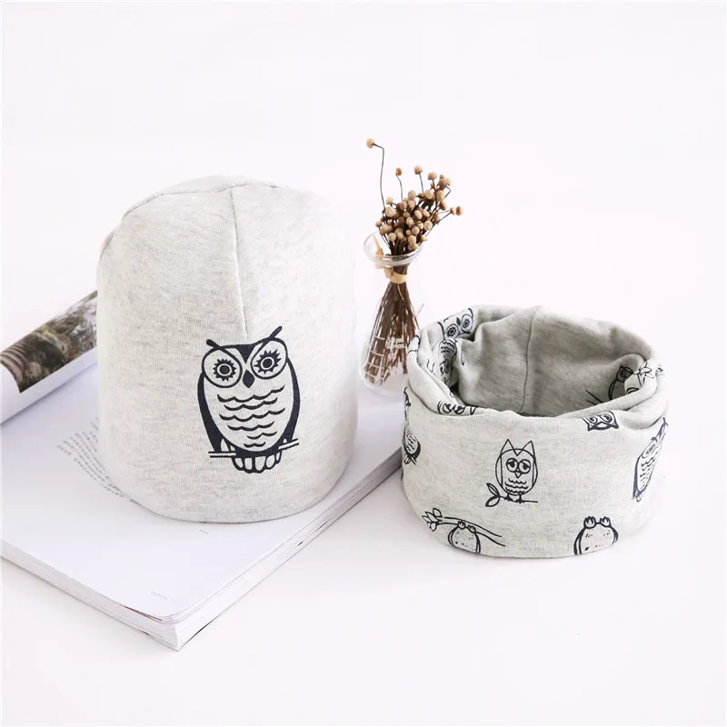 Autumn Baby Cap Set Cartoon Children Head Cover Spring Warm Neck Collar Kids Beanies Neckerchief Set Cotton Hat Scarf Two Piece