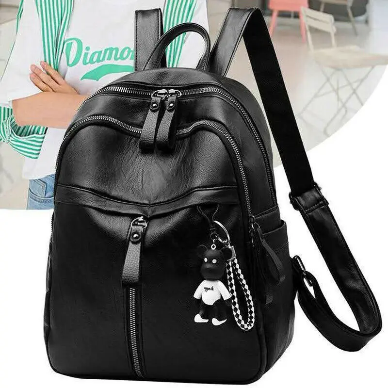 Модный женский рюкзак из искусственной кожи, женские черные рюкзаки, сумки на молнии, студенческий рюкзак, однотонный рюкзак для девочек с подвеской