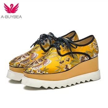 

2018 New Fashion Platform Heels Women Shoes Silk with Embroidery Lace-Up Square Toe Platform Casual Oxfords Shoes Black Yellow