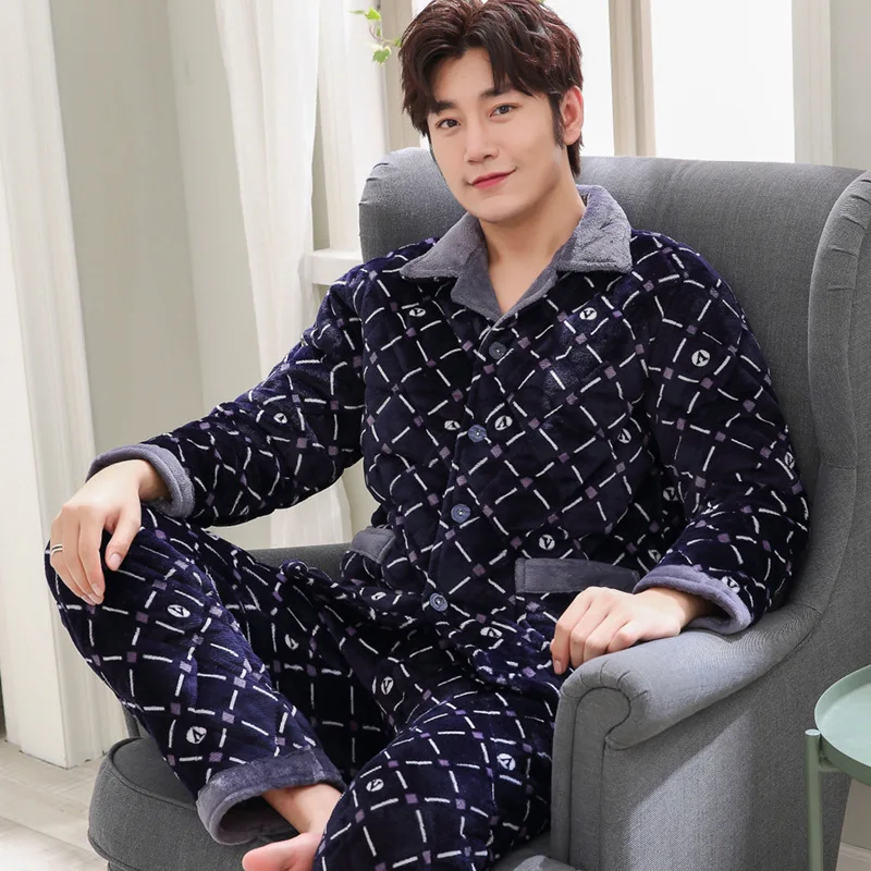 

Pajamas Winter Three Layer Thick Coral Velvet Padded plus Velvet Flannel Men Homewear Set Winter Style 8434 Blue