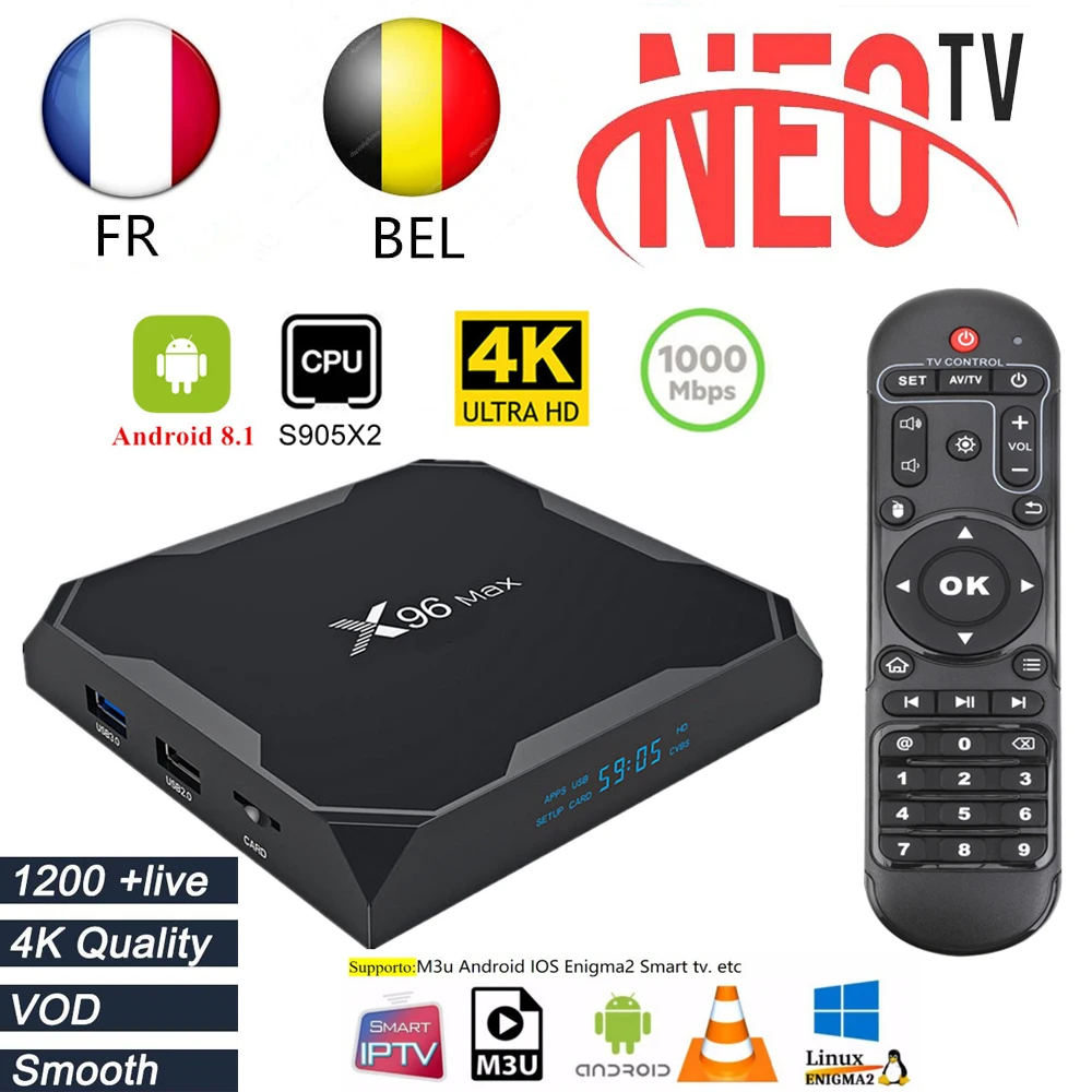 X96 Max Android 8,1 Smart tv Box+ 1 год NEO tv IP tv подписка 1800+ ТВ-каналы и 2000+ VOD Франция 4K HD IPTV коробки медиаплеер