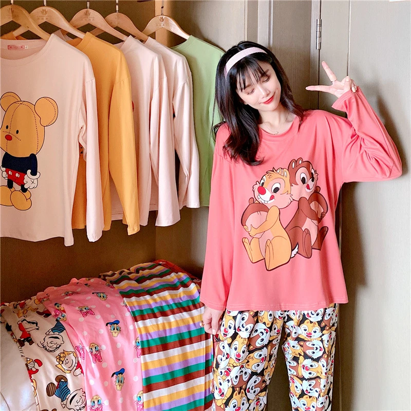 Disney Pijama de dibujos animados para mujer, ropa de dormir con dibujo de  Minnie y ardilla, de manga larga, para primavera y otoño|Sueño y reposo| -  AliExpress