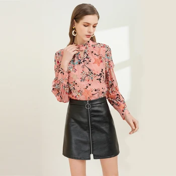 

Xiaomoli Silk top standard printed shirt round neck hollow long sleeve spring and summer one 2020 new fashion