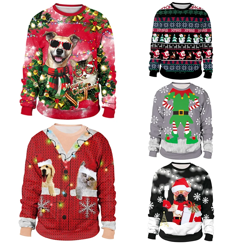Унисекс, для мужчин и женщин,, Уродливый Рождественский свитер, 3D принт, для отпуска, Санта-эльф, Забавный рождественский джемпер, Осень-зима, топы, одежда