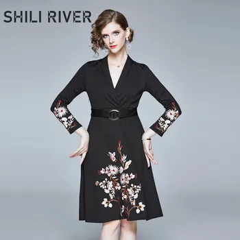 

New spring autumn midi dress for women a line long sleeve elegant slim casual floral embroidery V neck black dress with belt
