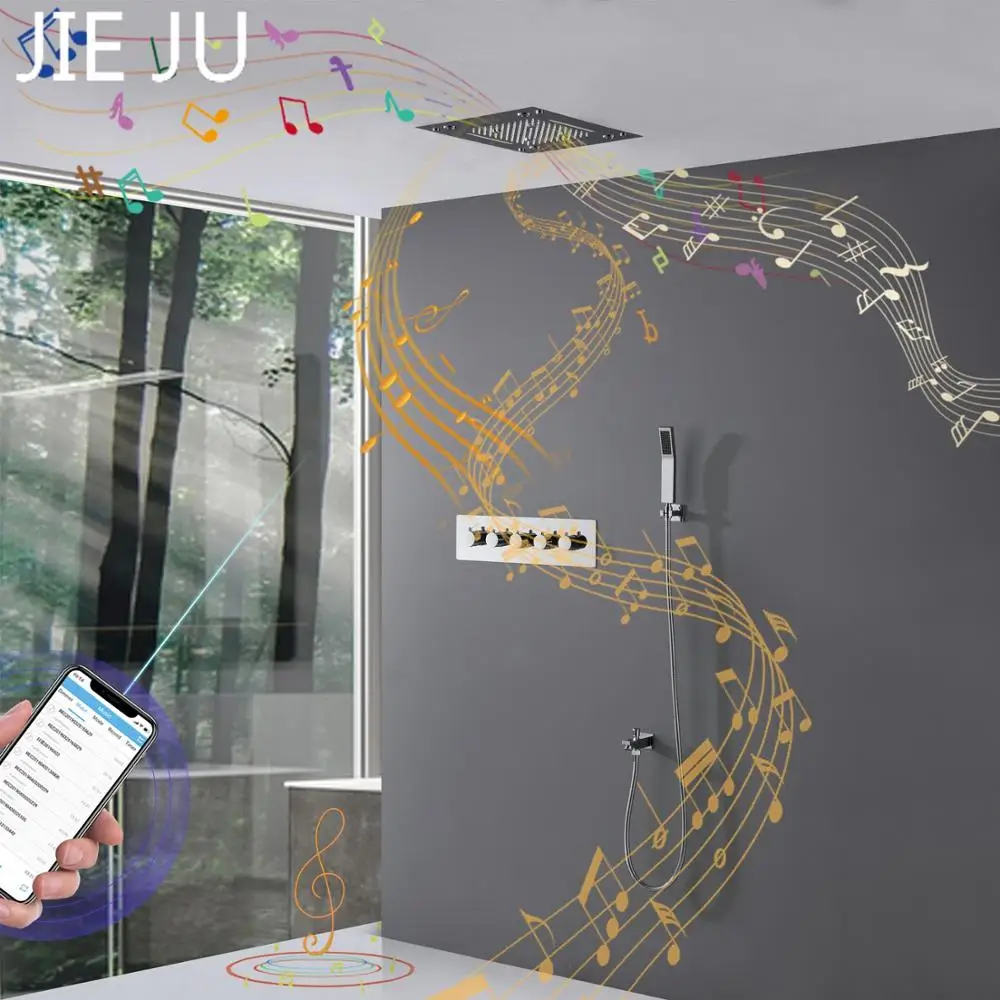 

Newly Music Shower Set Bathroom Ceiling LED Panel Rainfall Waterfall Thermostatic Valve Blue Tooth Mirror Faucets