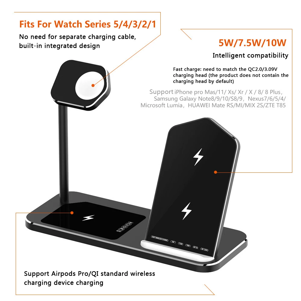 Беспроводная зарядка для Airpods Pro iWatch 5 4 3 2 1 iPhone 11, беспроводное зарядное устройство для телефона из алюминиевого сплава, подставка для быстрой зарядки