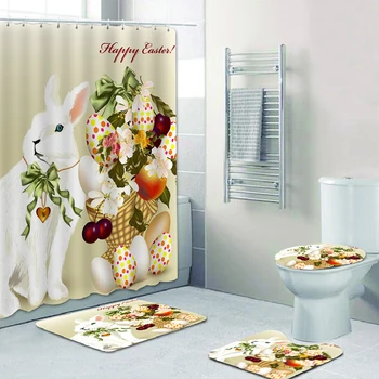 

Household Rug Easter 3D Digital Color Protein Rabbit Printed Shower Curtain Floor Mat Bathroom Base Mat Toilet Mats