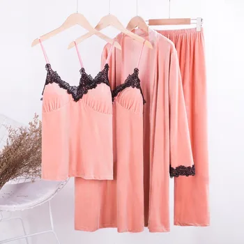 

4 pcs women pajamas set gold velvet sexy lace long sleeve and pant pajamas set female home service winter home clothes nightwear