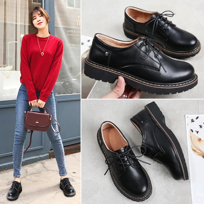 

2019 New Style WOMEN'S Leather Shoes Semi-high Heeled Flat-Style Student Black And White with Pattern Small Leather Shoes Englan