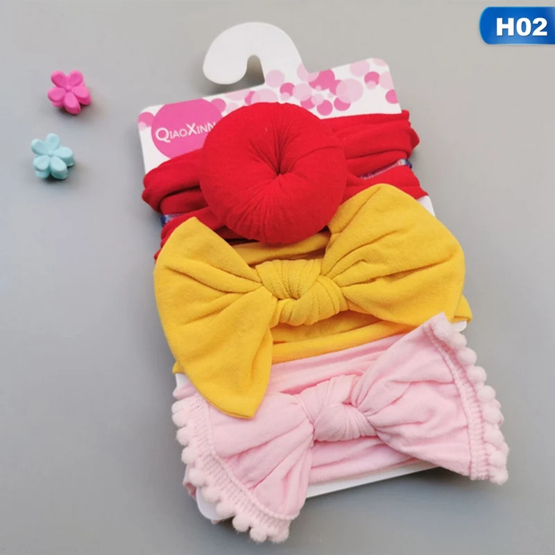 Новинка года, комплект из 3 предметов, однотонная нейлоновая повязка на голову, повязка на голову с бантом для милых, Детские волосы для девочек, повязка на голову для девочек, детская мягкая хлопковая повязка на голову