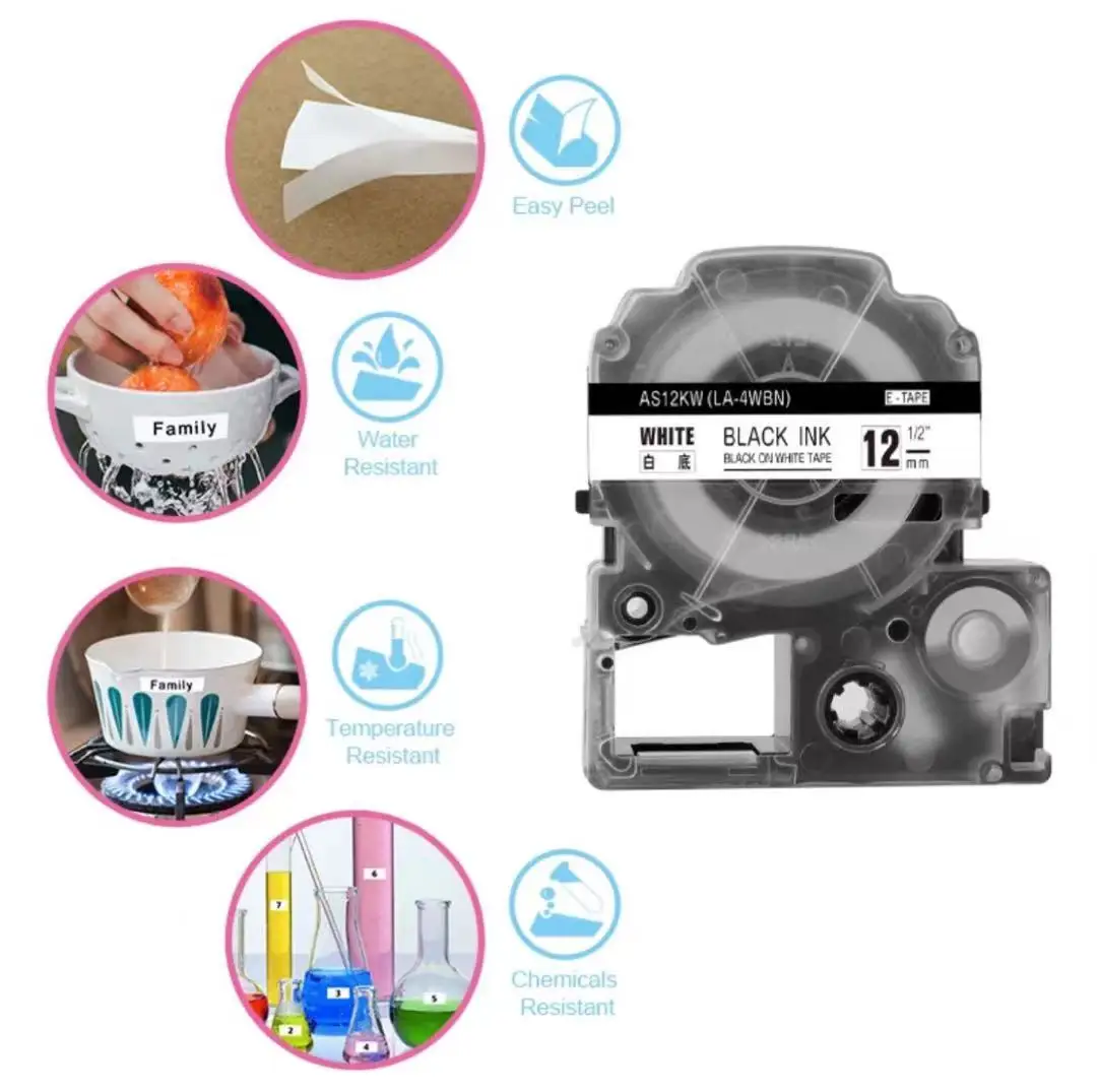 Kingjim EPSON 라벨 프린터 LW-300 LW-400 LW-600P LW-700 LC-4WBN9 프린터와 호환되는 9mm/12mm/18mm/24mm 라벨 테이프