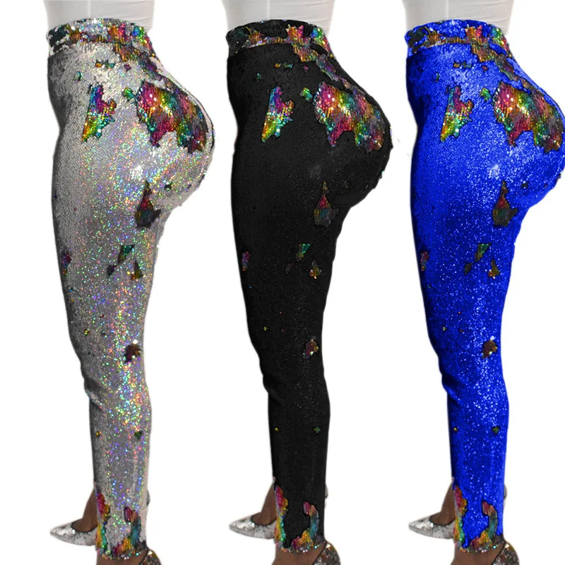 Европейские и брюки в американском стиле для ночного клуба, сексуальные цветные брюки с блестками,, гетры расшитые блестками