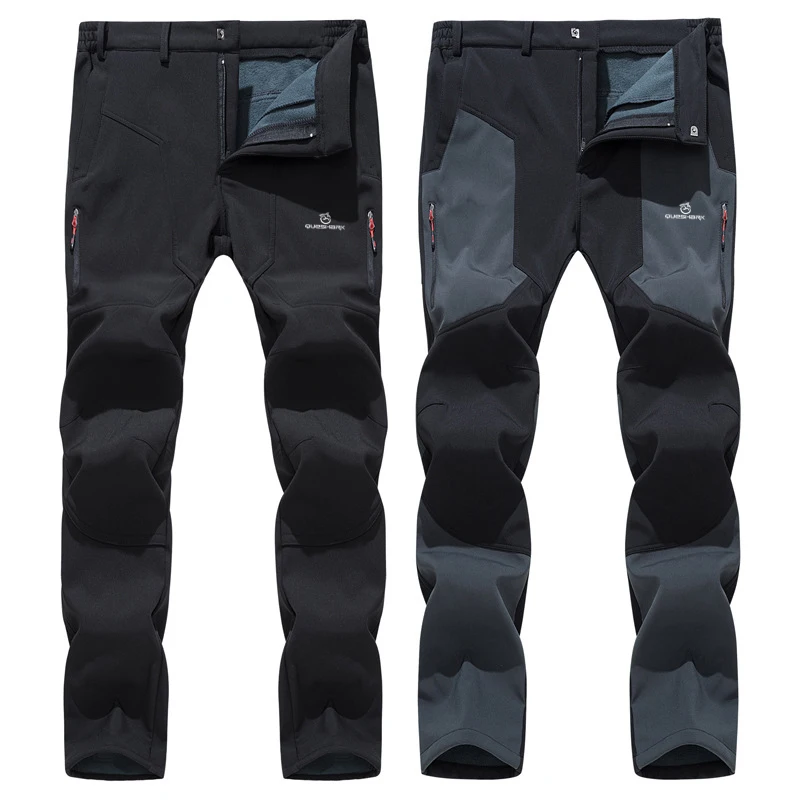 QUESHARK Men Warm Fleece Soft Shell Windproof Waterproof Cycling Pants Thermal Riding Bike Bicycle Camp Climb Hiking Trousers
