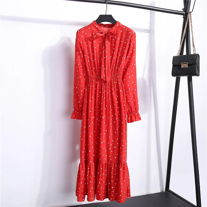 

Women Chiffon Dress Spring Summer Fashion Female Casual Long Sleeve Elastic Waist Floral Print Pleated Dress Vestidos Red 2020