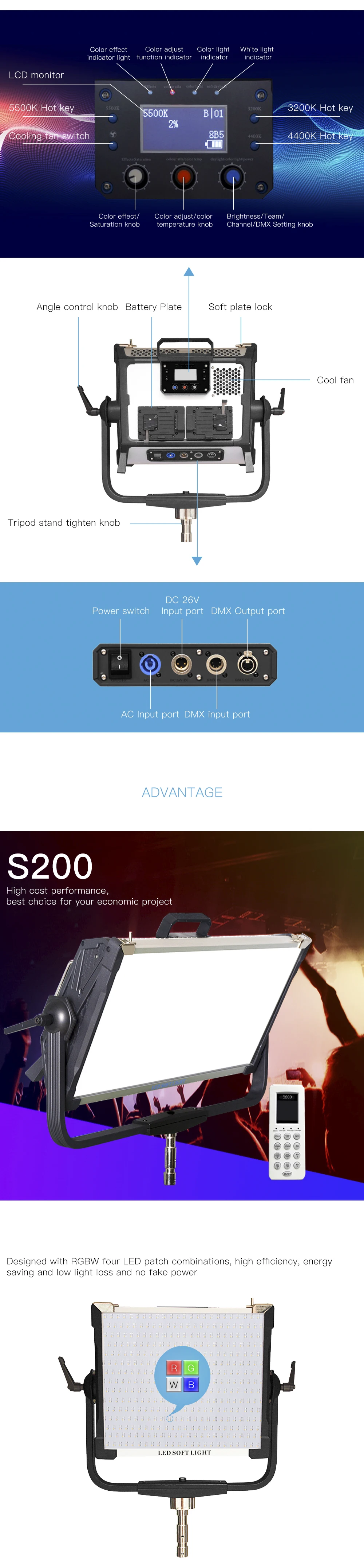 200 Вт полноцветный RGB светодиодный светильник, непрерывный видео мягкий светильник 2800-9990 k, управление через приложение, затемнение с 12 цветовым эффектом, PK ARRI S30 для St