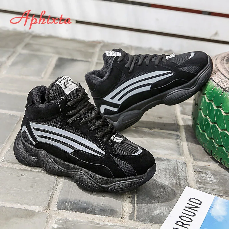 Aphixta/обесцвеченные теплые плюшевые зимние кроссовки; женская обувь; шикарные женские кроссовки на платформе; tenis feminino; обувь - Цвет: Black