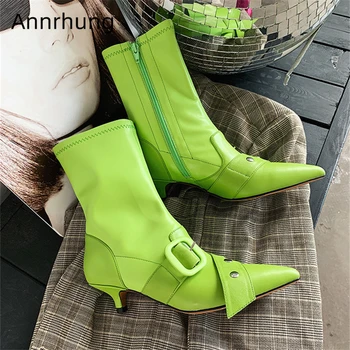 

Mint Green Motorcycle Boots Women Fashion Ankle Boots Sexy Pointed Toe Stretch Slim Boots Buckle Belt Kitten Heel Short Botas