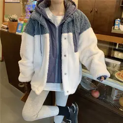 Cashmere casaco de inverno feminino estudante coreano solto grande imitação de lã de cordeiro emenda falso de duas peças com capuz engrossar jaquetas