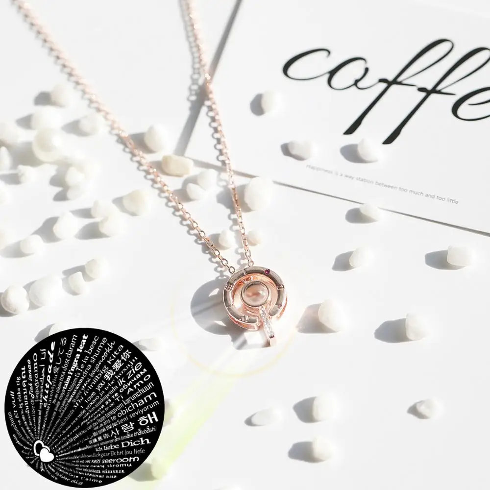 

7 Style Rose Gold 100 languages I love you Projection Pendant Necklace Romantic Love Memory Wedding Necklace
