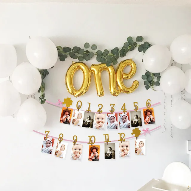 생일 축하 12 개월 사진 프레임 배너