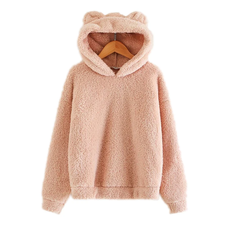 SHEIN kids/розовый однотонный зимний Повседневный свитер с капюшоном с ушками Тедди для девочек детские топы г. Осенние милые худи для подростков с длинными рукавами