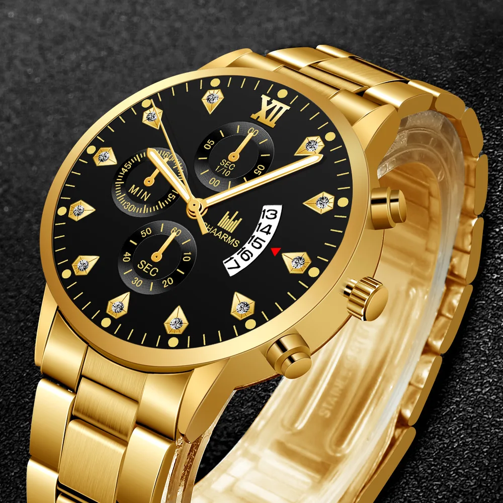 2021 Luxury Brand SHAARMS Alloy Strap Men's Watch Diamond Waterproof Quartz Watch for Men's Analog Three-eye Calendar Male Clock