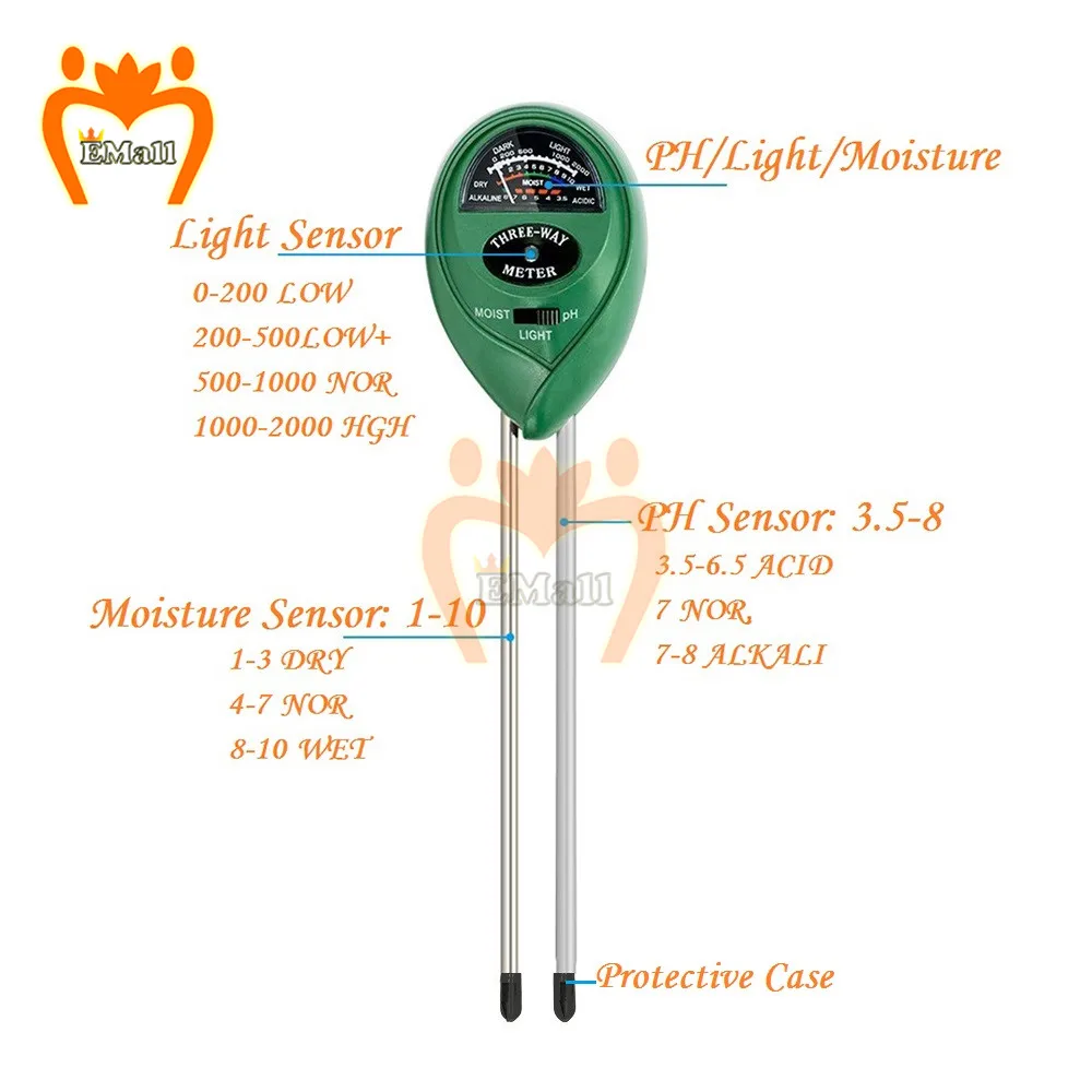 3 in1 Soil Water Moisture PH Meter Acidity Humidity Sunlight Light PH Test Garden Plants Flowers Moist Tester Testing Instrument