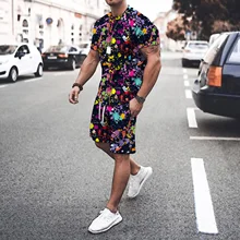 Summer 3D Graffiti Print Men's Sets O-Neck Short Sleeve T-shirt + Shorts Men Sets Fashion Tracksuit Man Breathable 2-piece Set