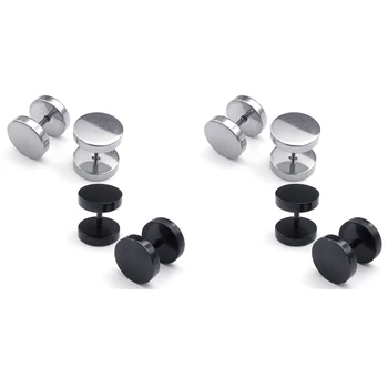 

4 Pair Jewelry Men Earrings, Circle Ear Studs, Black Silver Color, Stainless Steel - 2 Pair 4mm & 2 Pair 5mm