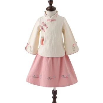 

Chinese style collar national costumes Hanfu suit girls clothes cheongsam Chinese Tang suit girls spring autumn Daily clothes