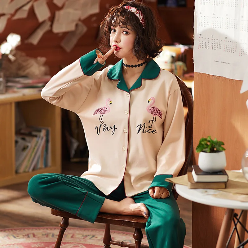 

Ladies Pajamas Set 2 Piece Set Cartoon Printed winter Long Sleeve+Pants Cotton Thick Lovely Large Size Sleepwear Set Homewear