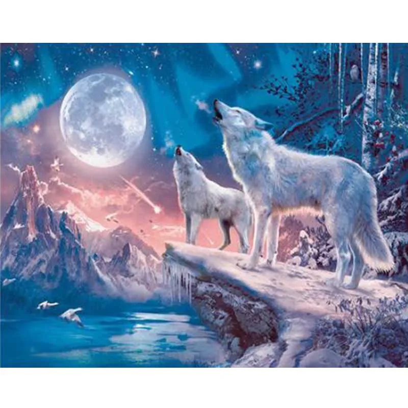 

Frame Digital Acrylic Hand Painted Canvas Oil Paintings Snow Wolf Animal Pictures By Numbers Canvas Painting Gift