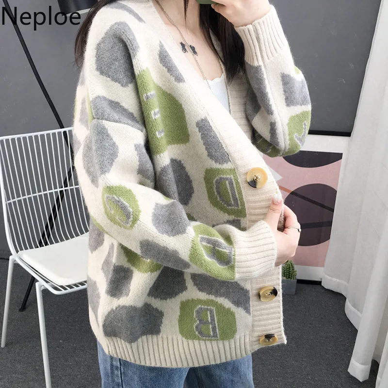 Neploe/винтажный Модный кардиган с v-образным вырезом, свитер для женщин, свободный, тонкий, студенческий, с принтом, Повседневный, Осень-зима, Pull Femme 46508