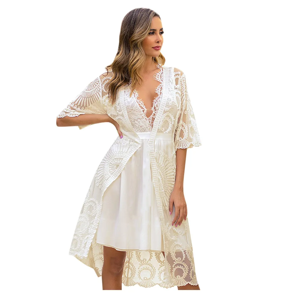 Boho Для женщин бахрома кружевное кимоно, кардиган, белый Ленточки Пляжная накидка Топы Блузки damen bluze ванный комплект Cover Up# C - Цвет: Бежевый