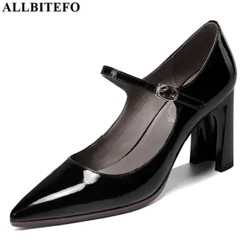 

ALLBITEFO high quality genuine leather women heels Single buckle spring autumn high heel shoes Pure color office ladies shoes
