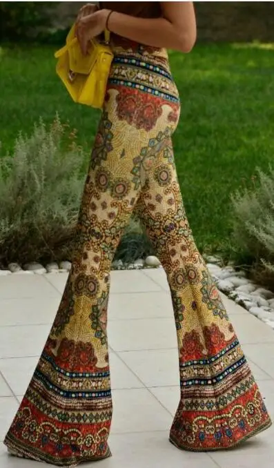 2022 Spring Summer European American Fashionable Style Woman Flare Trousers Skinny Retro Print Flare Trousers