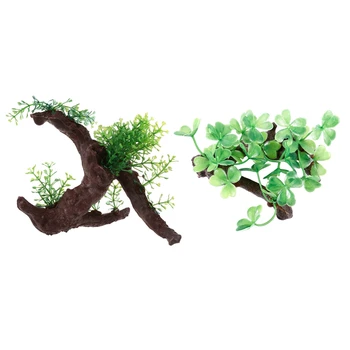 

1pcs Green Dark Brown Fish Tank Aquarium Driftwood Plastic Tree 5.7 Inch & 1pcs Artificial Plastic Plants Grass Water Ornaments