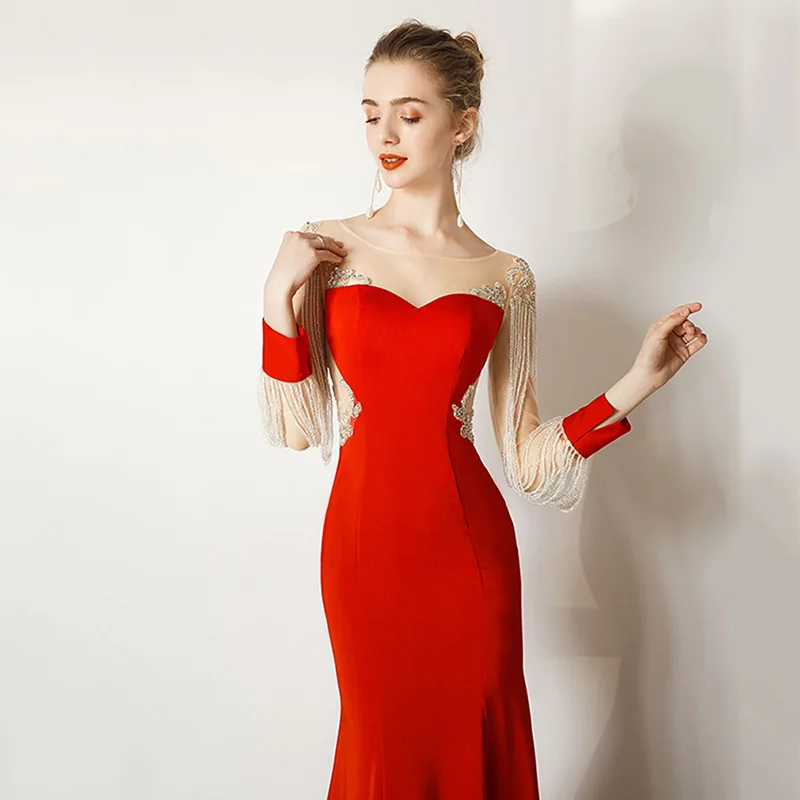 Роскошные бусины вечернее со шлейфом вечерние платья леди Qipao Сексуальный Тонкий Оболочка Русалка Формальное вечернее платье выдалбливают Черное Платье Макси