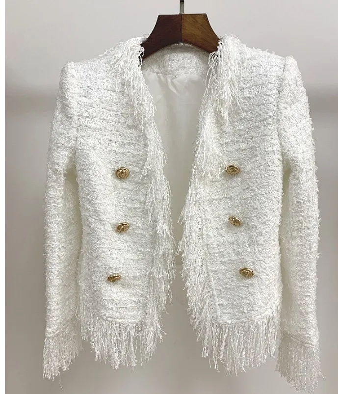 jacket Новинка, винтажная осенне-зимняя Дизайнерская куртка, белая элегантная женская куртка с металлическими пуговицами льва и кисточками, шерстяная твидовая куртка, пальто - Цвет: jacket