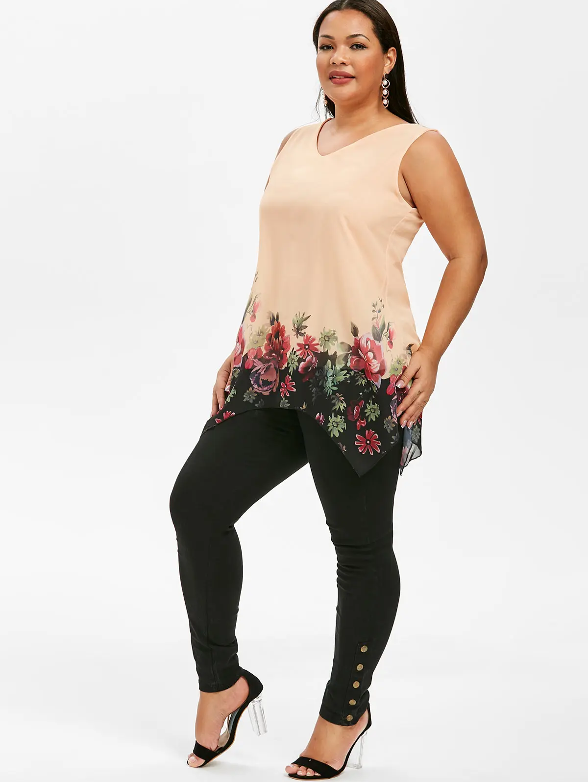 Розовый GAL 5XL плюс размер Многослойный Топ летний сексуальный женский цветочный принт без рукавов Асимметричный шифоновый топ на бретелях с v-образным вырезом рубашка туника