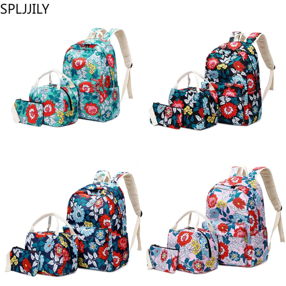 

SPLJJILY Backpack Set for Girls, Fashion Floral Nylon Waterproof Casual Daypacks Schoolbag with Lunch Bag and Pencil Case