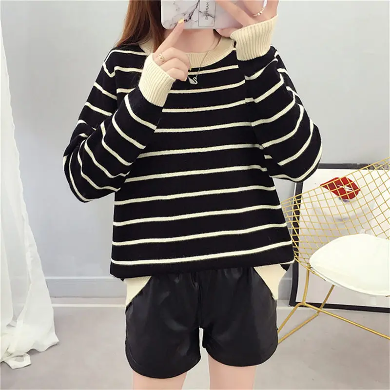 

Autumn Winter chic Loose Long Sleeve Pullovers Sweaters Women Korea Black Striped Knitted Sweater Female Bottoming Soft Jumper