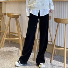 Wide-leg pants women autumn winter casual solid tie corduroy straight pant students high-waist oversize trousers for woman